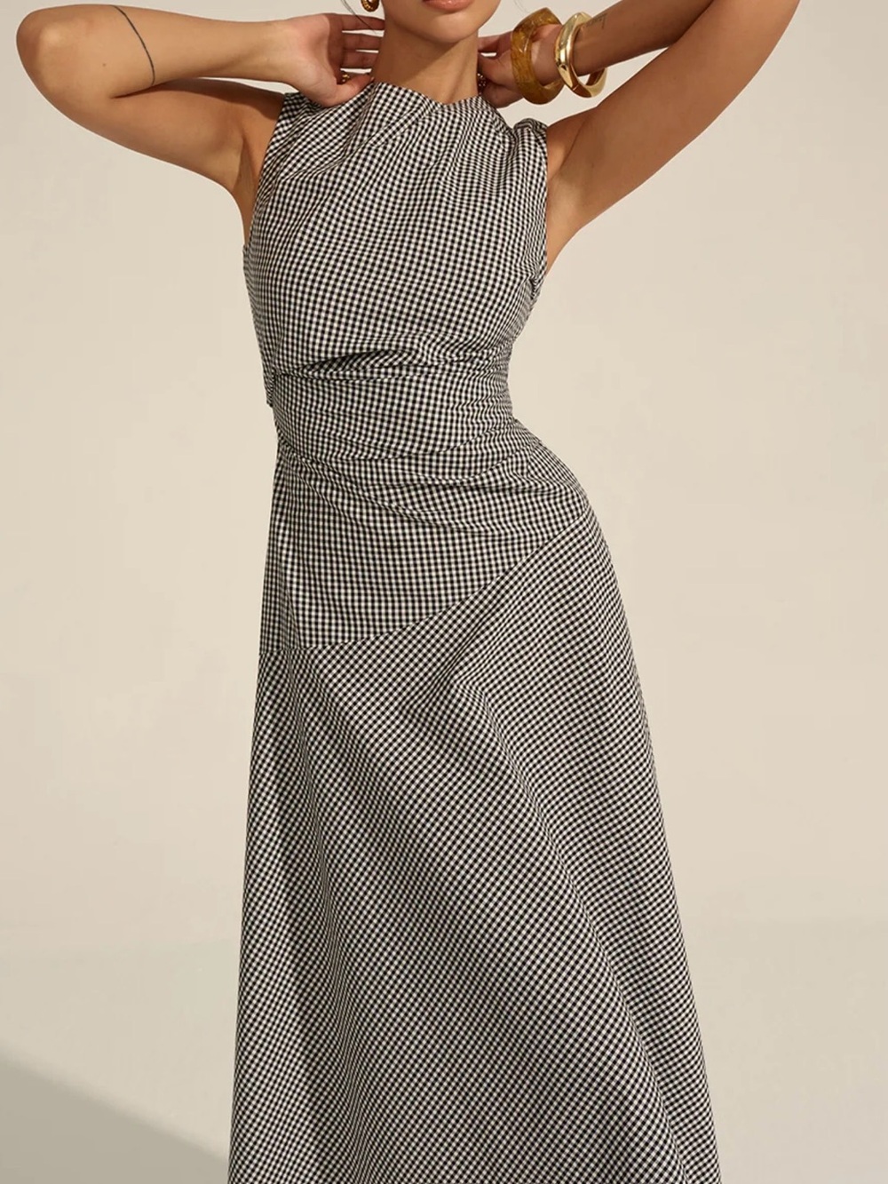 Commense Black and White Gingham Midi Dress